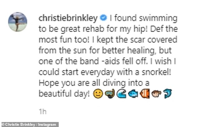 It works well: In a comment on her post, the actress also described how swimming affected her hip, after hip replacement surgery during Thanksgiving Day, less than two months ago